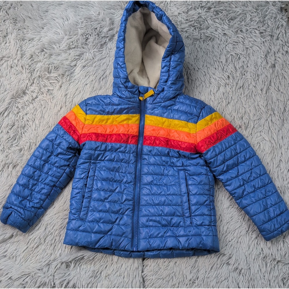 Cat & Jack Jacket Boys 4T Blue Puffer Retro Hoodie Pockets Zip Up Warm